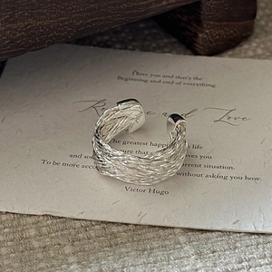 Vintage hand-woven S925 sterling silver multi-strand crossover open ring for women