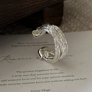 Minimalist S925 sterling silver woven open ring with vintage braided texture design