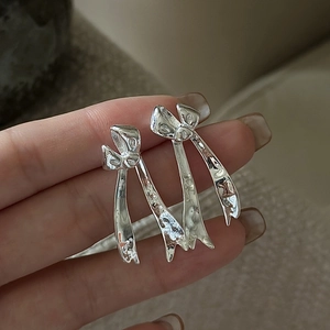 Vintage 925 Sterling Silver Bowknot Ribbon Drop Earrings For Women Korean Minimalist Irregular Tassel Earrings Jewelry Gift