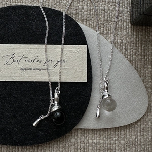 S925 Sterling Silver Geometric Pendant Necklace Korean Minimalist Vintage Black Agate White Crystal Clavicle Chain For Women Jewelry