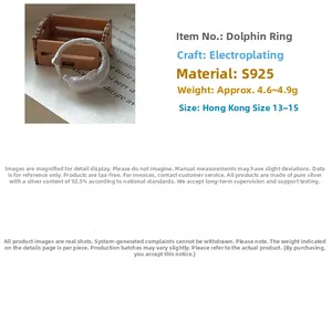 Detailed macro view of S925 sterling silver dolphin ring with weight and size specifications