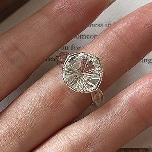 Macro view of 925 sterling silver ring with octagon cut white crystal on a finger