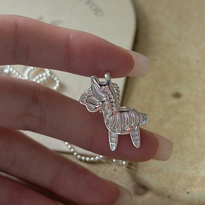 S925 Sterling silver horse pendant necklace with hollow stripes and beaded chain link