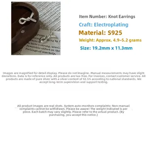 Detailed view of S925 sterling silver knotted earrings with dimensions and weight specs