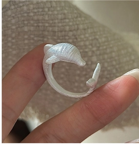 Close-up of S925 sterling silver dolphin ring with elegant matte brushed texture finish