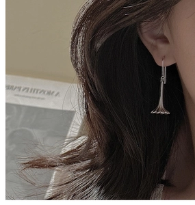 Detailed view of S925 silver vintage flower drop earrings worn by a female model