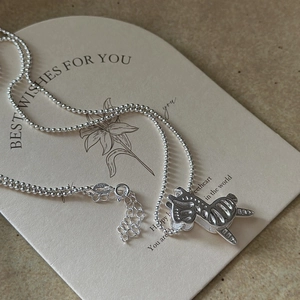 Elegant S925 sterling silver bead chain necklace with movable abstract zebra pendant