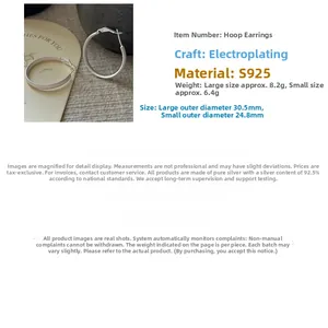 Detailed view of matte S925 sterling silver hoop earrings with size measurements