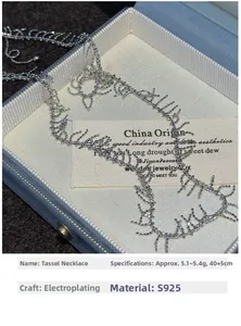 Detail view of S925 sterling silver tassel necklace showing 40+5cm length and plating