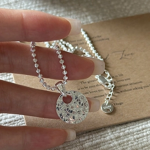 925 Sterling Silver Hammered Round Disc Pendant Necklace Minimalist Bead Chain Retro Fashion Choker For Women Jewelry