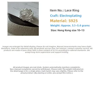 Detail of S925 sterling silver lace ring showing plating craft and 5.1-5.4g weight