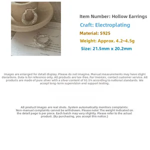 Detail showing S925 sterling silver twisted hollow earrings with size measurements