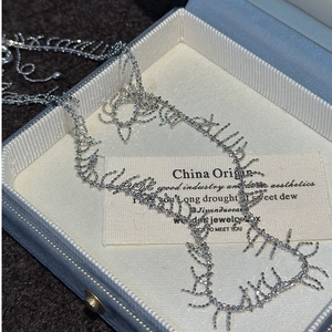 Close-up of S925 silver fringe necklace on a blue jewelry box display case