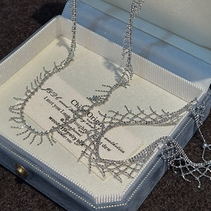 S925 sterling silver tassel lace necklace in light blue velvet gift box presentation