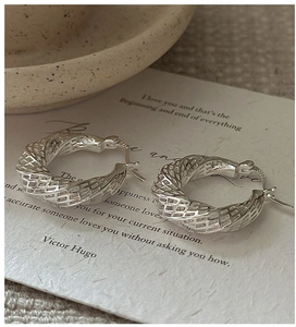 Macro view of S925 sterling silver hoop earrings with hollow mesh texture and twist design