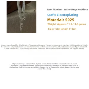 Macro detail of S925 sterling silver waterdrop pendant with 110cm long chain necklace