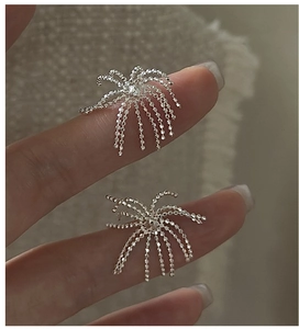 Macro detail of S925 sterling silver tassel earrings with sparkling firework design