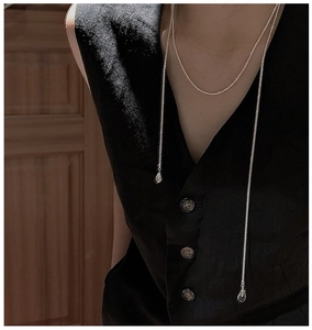 Detail of silver S925 long tassel sweater chain with white crystal water drop pendants