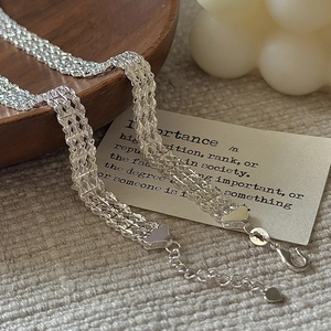 Bracelet triple rang maille tissée en argent massif S925 avec petit pendentif cœur