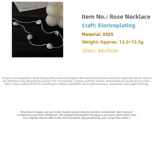 Detailed specs of S925 sterling silver rose necklace showing weight and dimensions