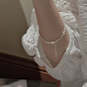 Élégant bracelet cœur à double chaîne en argent S999 pour femme avec fermoir mousqueton réglable