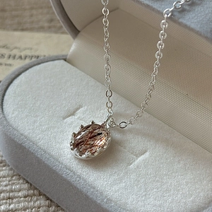 S925 sterling silver necklace with oval red rutilated quartz in crown prong setting