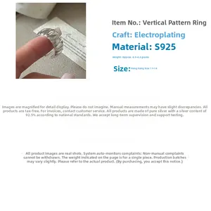 Detailed view of S925 sterling silver ring with vertical pleat design and dimensions