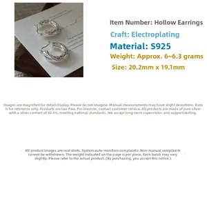 Detail of S925 sterling silver hoop earrings with hollow woven texture and dimensions