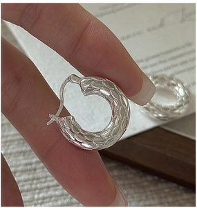 Macro view of S925 sterling silver hoop earrings featuring unique scale-like textures