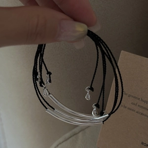 Minimalist 925 Sterling Silver Curved Tube Bracelet For Women Retro Black Woven Rope Chain Adjustable Teardrop Pendant Triple Layer Jewelry
