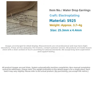 Detail view of S925 sterling silver teardrop earrings showing 25.3mm length and premium finish