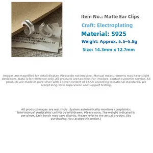 Detail of matte S925 silver ear clips showing 14.3mm size and electroplated texture