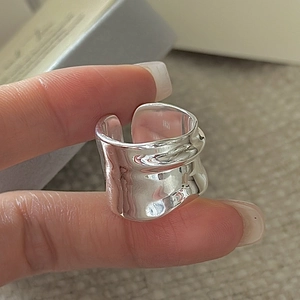 925 Sterling Silver Wide Band Ring For Women Irregular Molten Lava Texture Adjustable Open Finger Ring Niche Fashion Jewelry