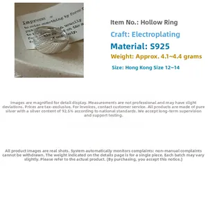 Close-up of S925 sterling silver hollow design ring showing weights 4.1g-4.4g and sizes