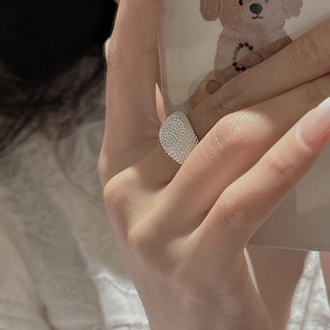Minimalist S925 sterling silver wide band ring with vintage beaded texture on model