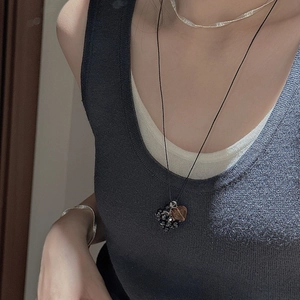 925 Sterling Silver Grape Cluster Heart Necklace Vintage Style Black Cord Long Sweater Chain Amber Resin Pendant Jewelry