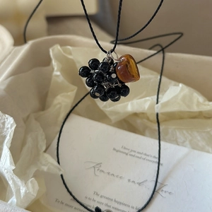 Handmade S925 silver beaded grape necklace with amber heart pendant and black cord