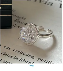 Macro detail of S925 sterling silver ring with square crystal on French vintage paper