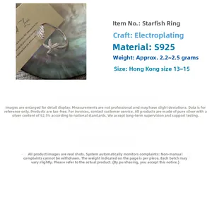 Detailed view of S925 sterling silver starfish ring with weight and size specifications