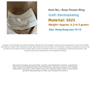 Detail view of S925 sterling silver rose ring showing matte texture and floral design