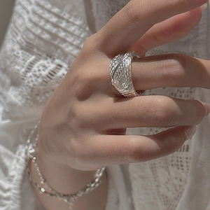 S925 sterling silver wide ring with minimalist 3D mesh woven texture for women