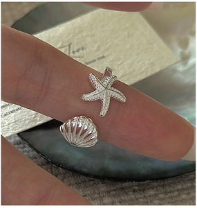 Macro shot of silver shell and starfish open ring detail with realistic textures