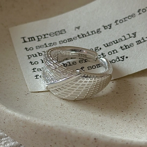 S925 sterling silver minimalist woven mesh ring with adjustable open band design