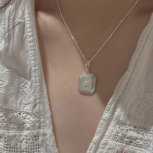 Minimalist S925 sterling silver necklace with starburst engraved rectangular pendant
