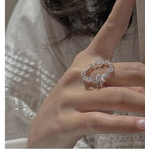 Detail von S925 Sterlingsilber Ring mit hohlem Pave-Zirkonia und Stern-Design-Muster