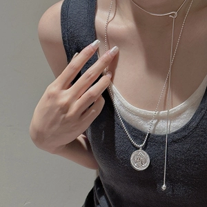 Vintage S925 Sterling Silber Münzanhänger Halskette mit Perlenkette und Porträt Motiv