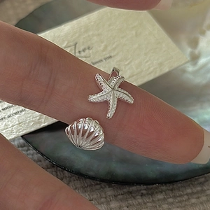 S925 Sterling Silver Starfish Shell Open Ring For Women Vintage Marine Style Rhinestone Adjustable Jewelry Finger Ring