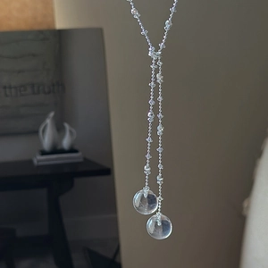 925 Sterling Silver Y-Shaped Crystal Necklace For Women Vintage Korean Style Long Chain Transparent Crystal Ball Pendant Necklace