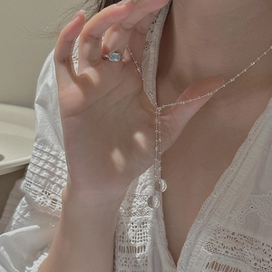 S925 silver Y-shaped long necklace with transparent crystal ball pendants on model
