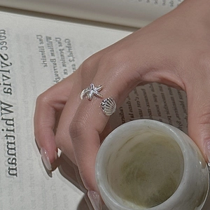 S925 sterling silver open ring featuring 3D starfish and seashell motifs for women